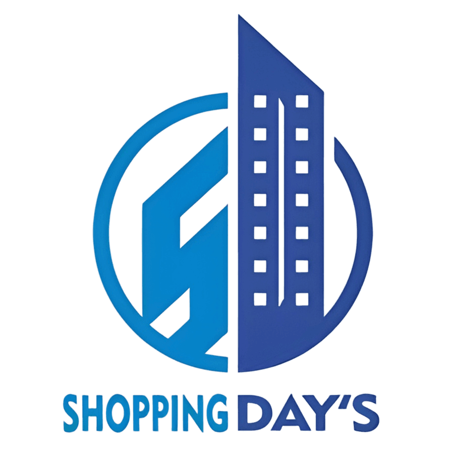 Logo Shopping Day's - Edifício azul estilizado com texto Shopping Day's