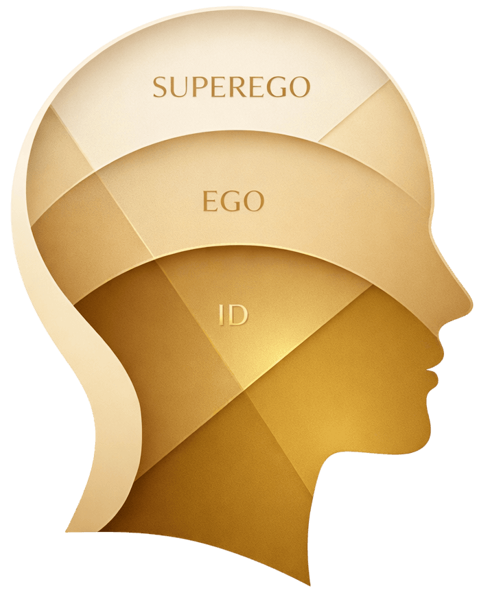 Ilustração da estrutura da mente segundo Freud: Id, Ego e Superego em camadas douradas - Modelo psicanalítico