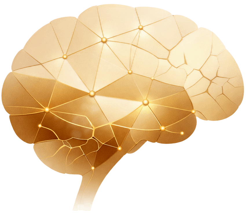 Ilustração 3D de cérebro humano dourado com rede neural luminosa e conexões brilhantes, simbolizando o inconsciente e os processos mentais na psicanálise - Instituto Psytiva