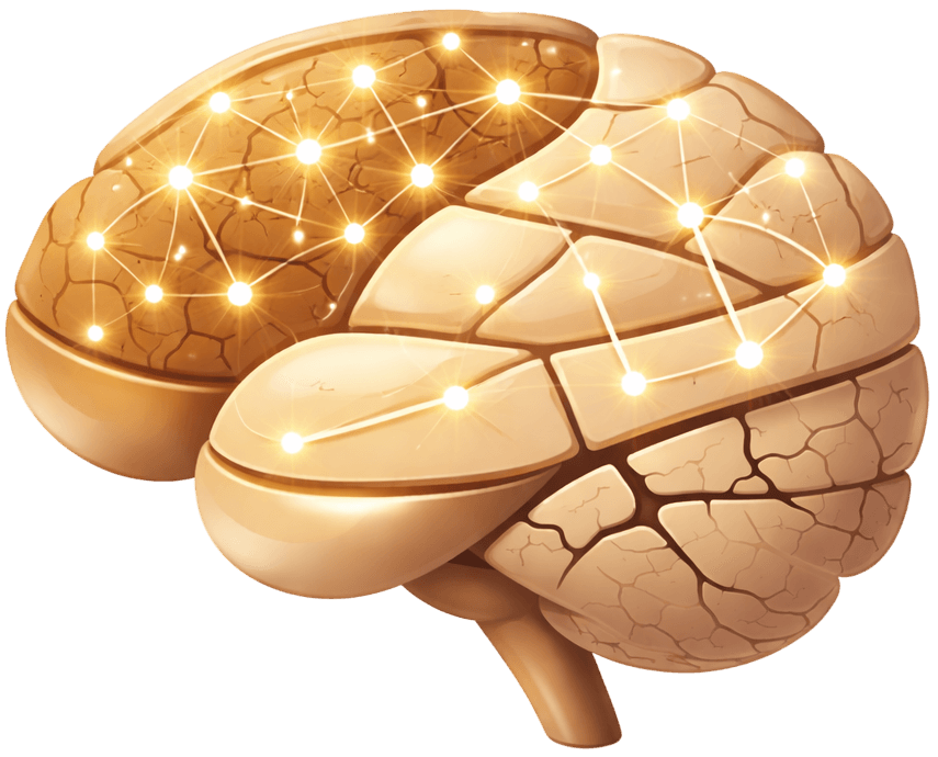 Ilustração 3D de cérebro humano dourado com rede neural luminosa e conexões brilhantes, simbolizando o inconsciente e os processos mentais na psicanálise - Instituto Psytiva